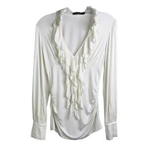 Arden B Blouse Women S Boho Festival Y2K White Cut Out Ruffle V Neck Long Sleeve